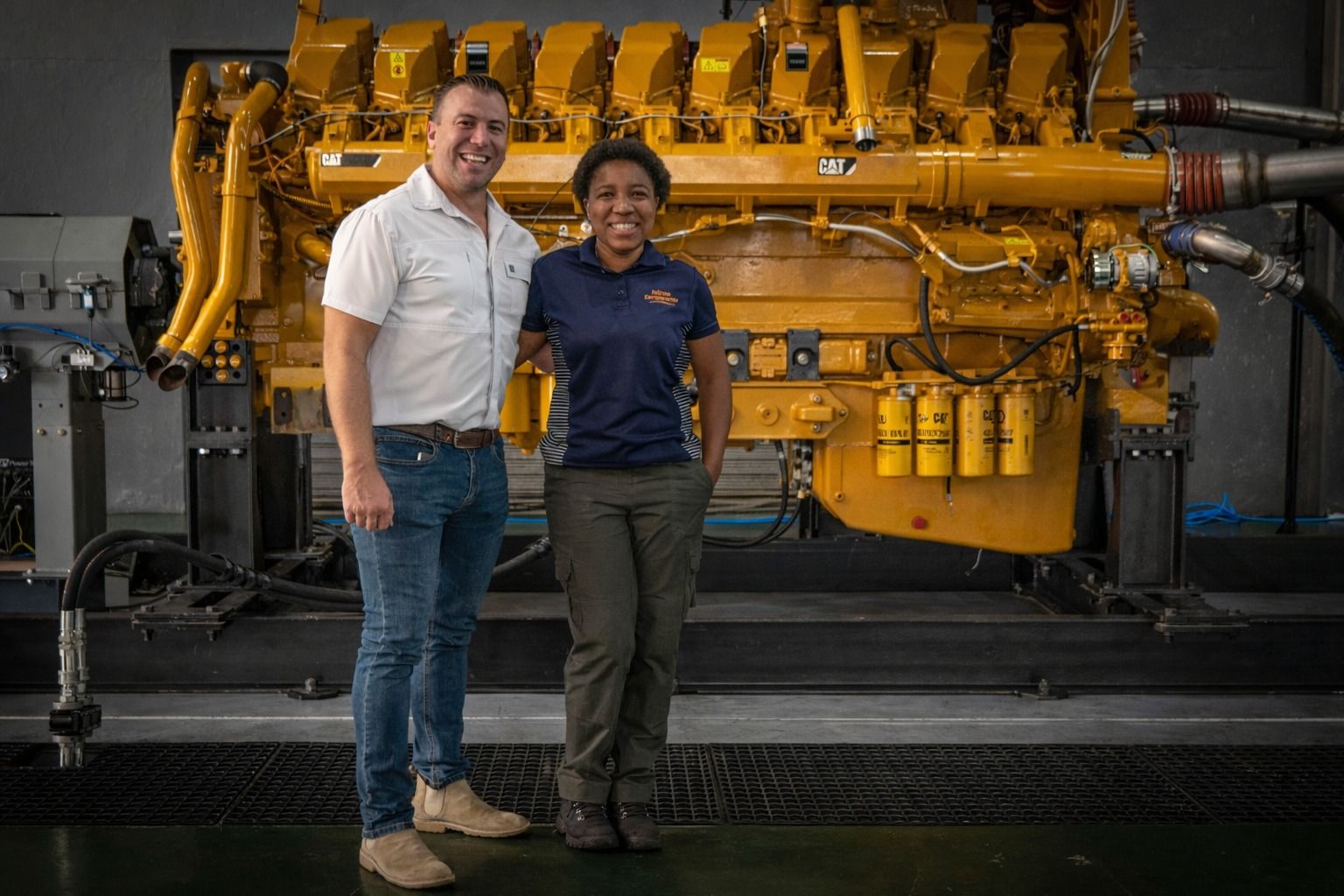 A smiling man and woman stand in front of a large yellow Caterpillar industrial engine.