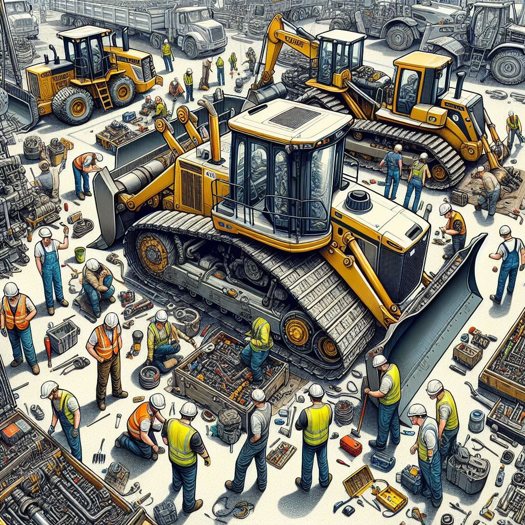 a group of construction workers are working on a bulldozer in a factory .